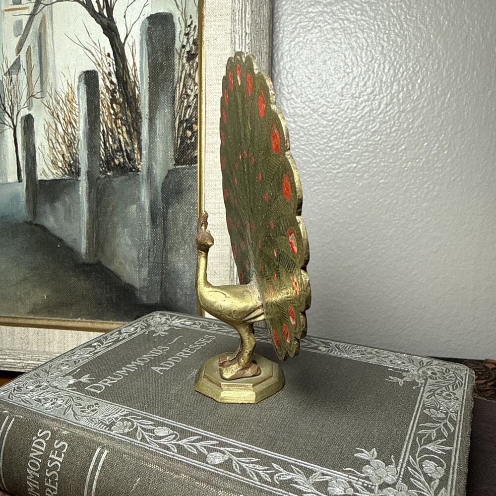 VTG Brass Peacock Figurine Enamel Tail India 4.5” MCM Hollywood Regency Decor - Picture 2 of 8